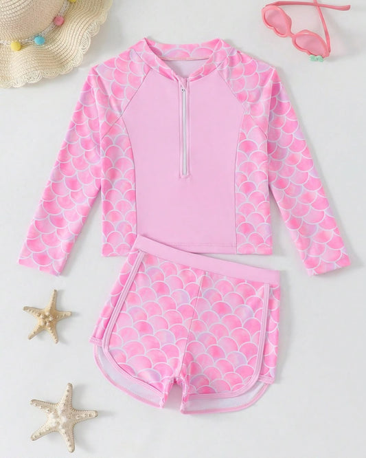 Young Girls Long Sleeve Pink Swim Top & Shorts Set | 4Y - 6Y
