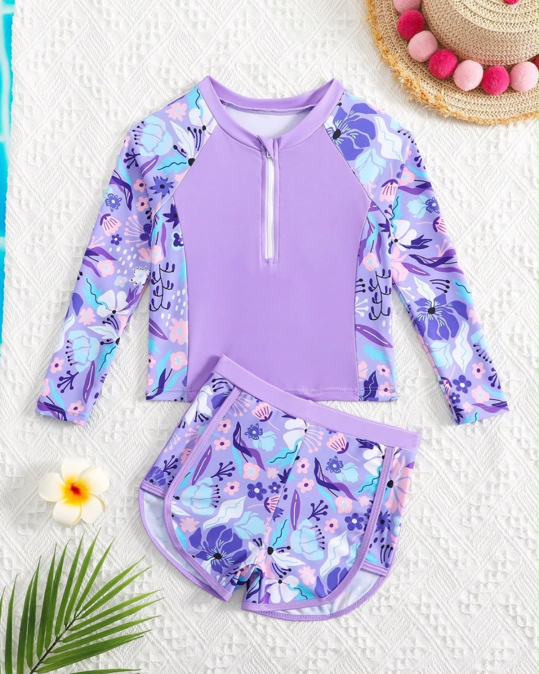 Young Girls Floral Leaf Print Long Sleeve Top & Shorts Set | 4Y - 7Y