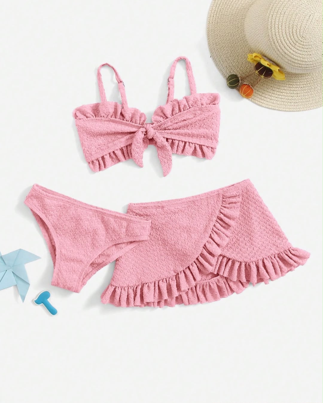 Baby/Young Girls Knot Front Ruffle Trim Bikini Set With Beach Skirt | 1Y - 6Y