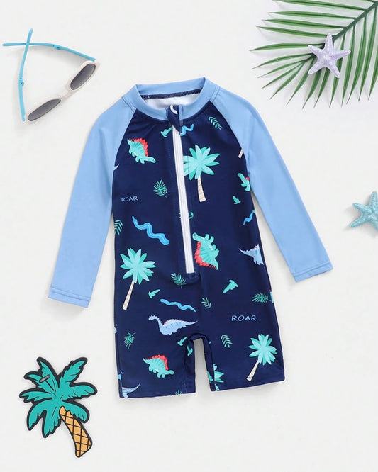 Baby Girls/Boys Long Sleeve Tropical Dinosaur & Palm Tree Printed One-piece Swimsuit | 6M - 24M