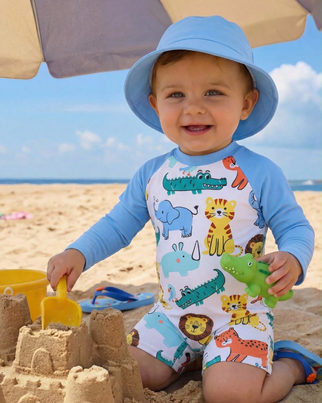 Baby Boys Cute Animal & Stripe Print Long Sleeve One-Piece Swimsuit | 6M - 3Y