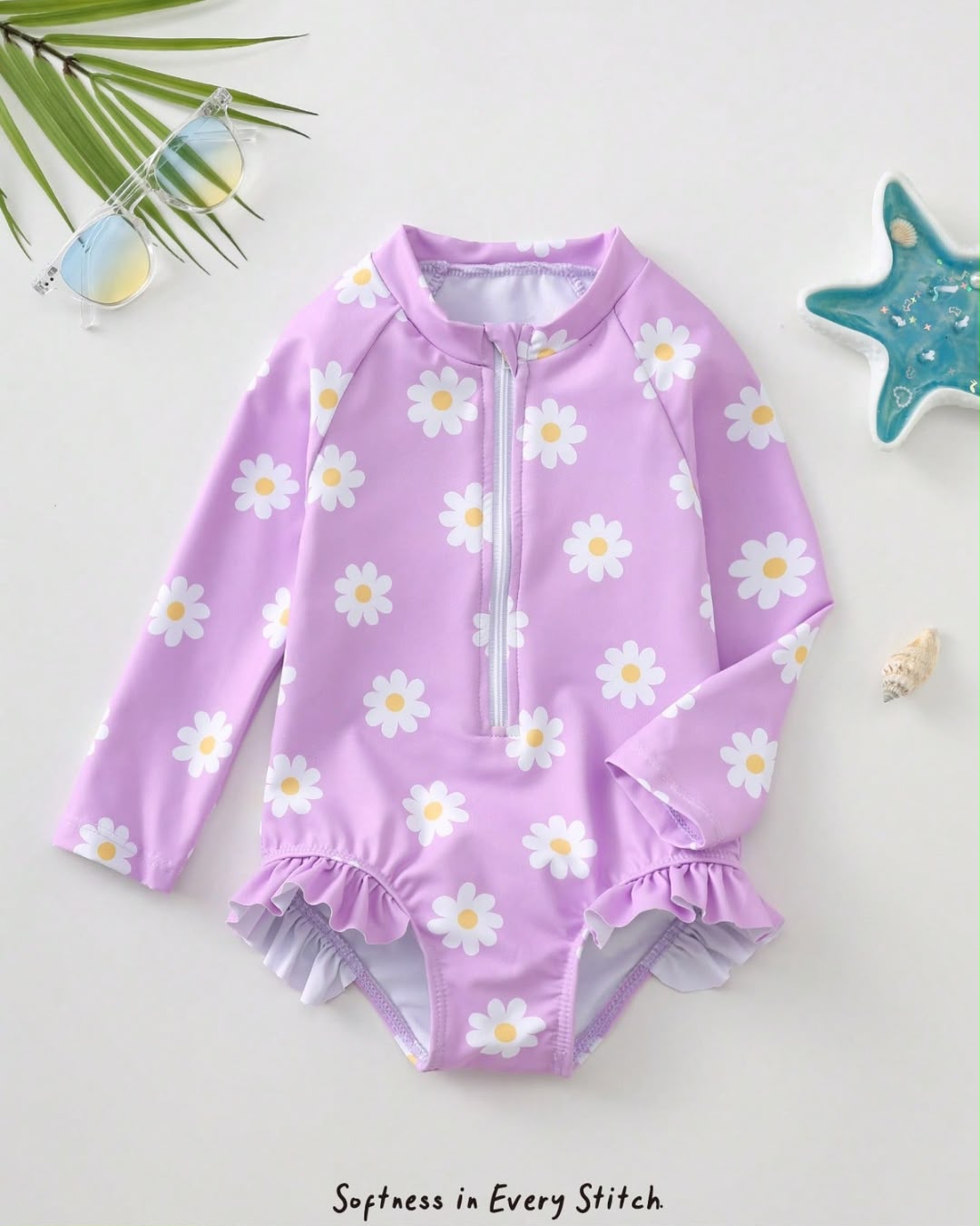 Baby Girls Floral Daisy Printed Round Neck One-piece Swimsuit | 3M - 3Y