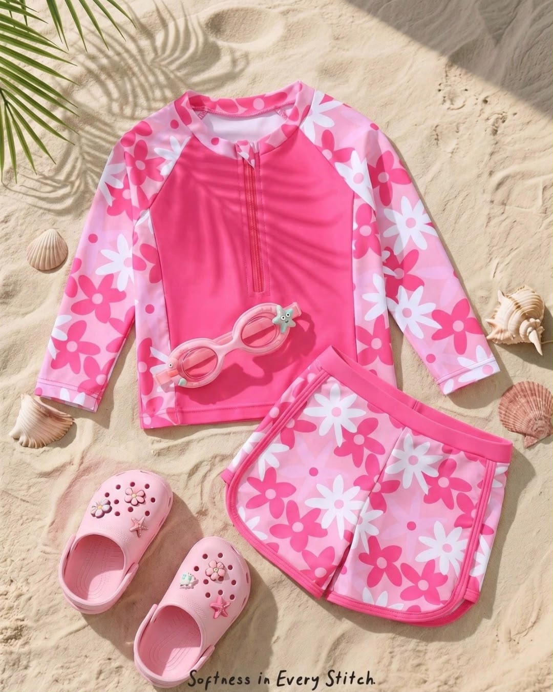 Baby Girls Pink Floral Long Sleeve Swim Top & Shorts Set | 3M - 3Y