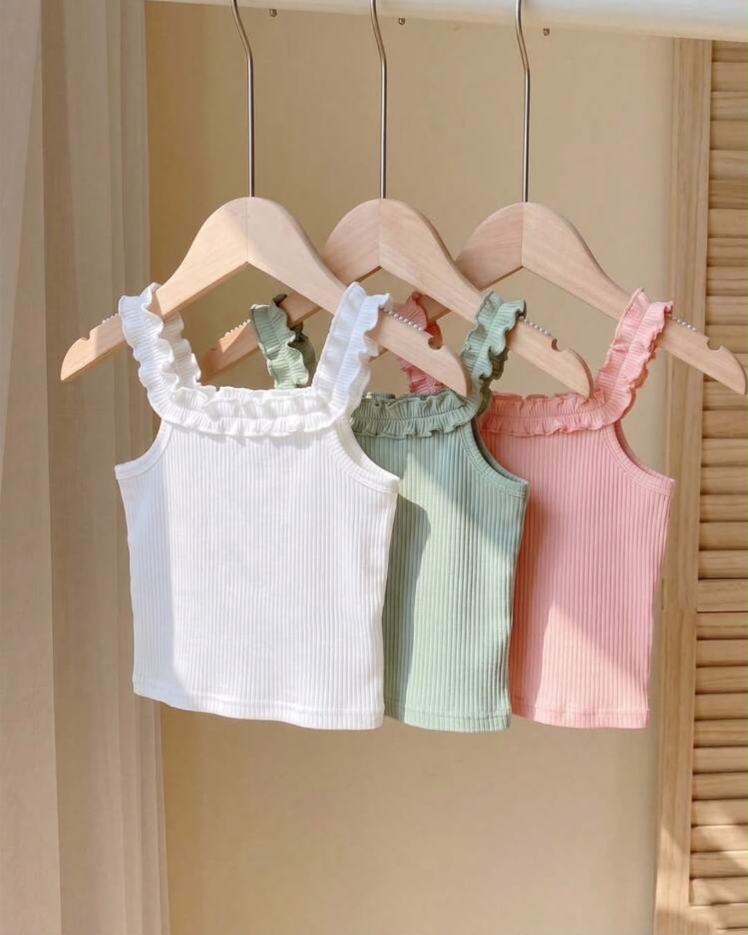 Young Girls Solid Color Ribbed Frill Trim Tank Tops | 4Y - 7Y