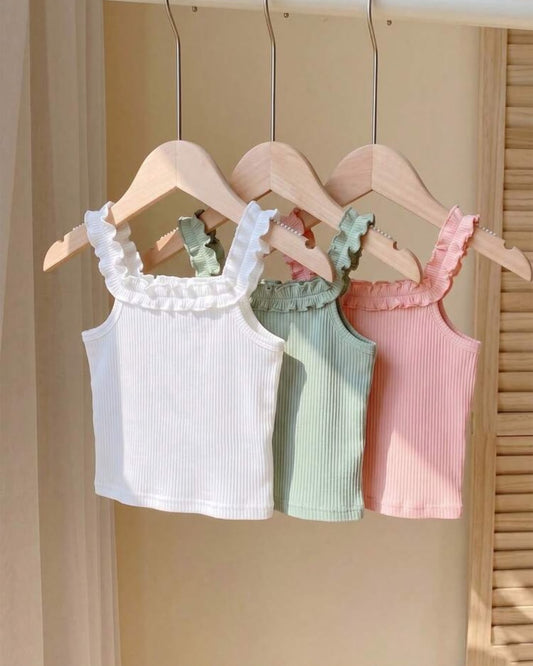 Young Girls Solid Color Ribbed Frill Trim Tank Tops | 4Y - 7Y