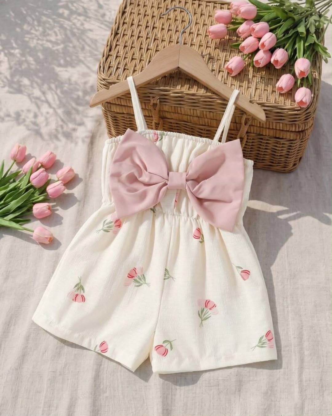 Young Girls Pink Tulip Printed White Sleeveless Romper | 4Y - 7Y
