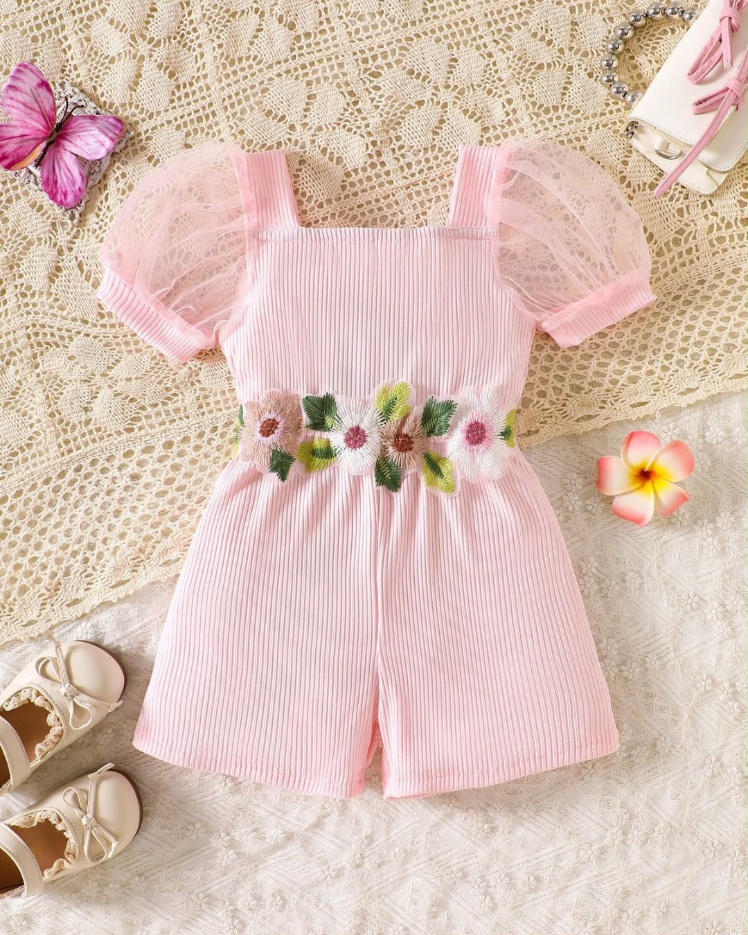Young Girls Pink Mesh Sleeve Ribbed Romper | 4Y - 7Y