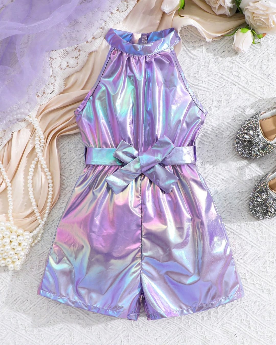 Young Girls Casual Colorful Laser-Reflective Halter Romper | 4Y - 7Y