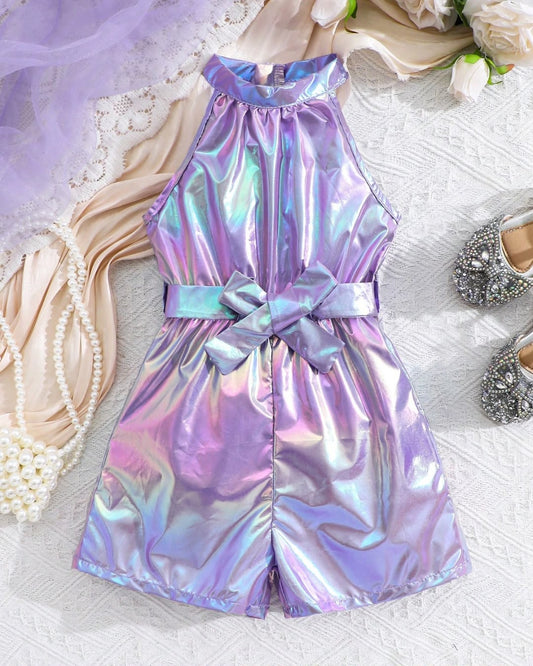 Young Girls Casual Colorful Laser-Reflective Halter Romper | 4Y - 7Y
