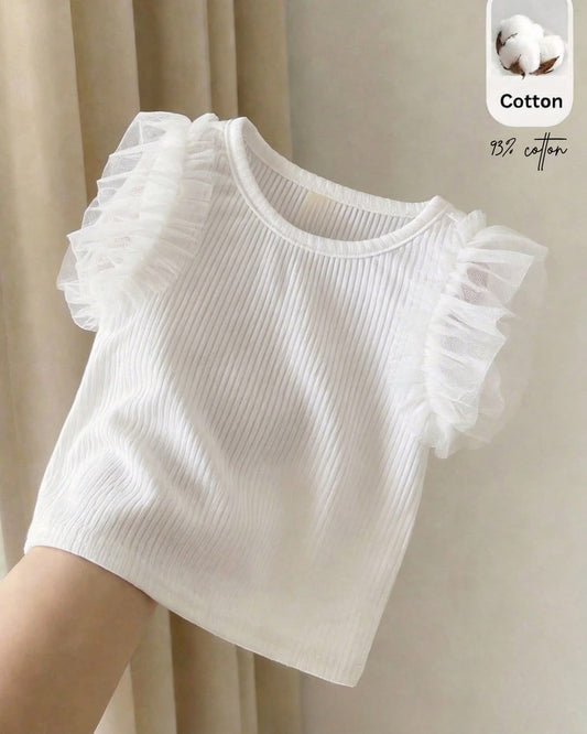 Baby Girls White Color Knit Soft Round Neck Short Sleeve Top | 3M - 3Y