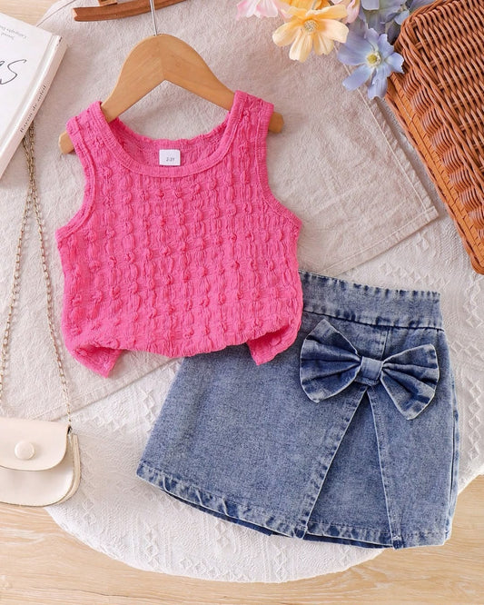 Baby/Young Girls Knit Vest Top & Blue Denim Pocket Shorts Set | 2Y - 7Y