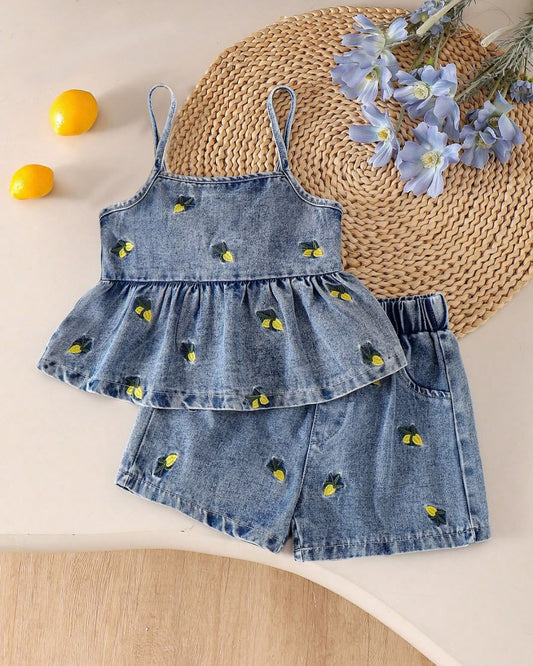 Baby/Young Girls Light Blue Washed Denim Sleeveless Top & Shorts Set | 2Y - 7Y