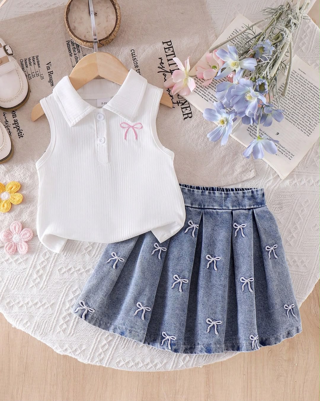 Baby/Young Girls White Ribbed Sleeveless Top & Bow Patterned Denim Pleated Skirt Set | 2Y - 7Y