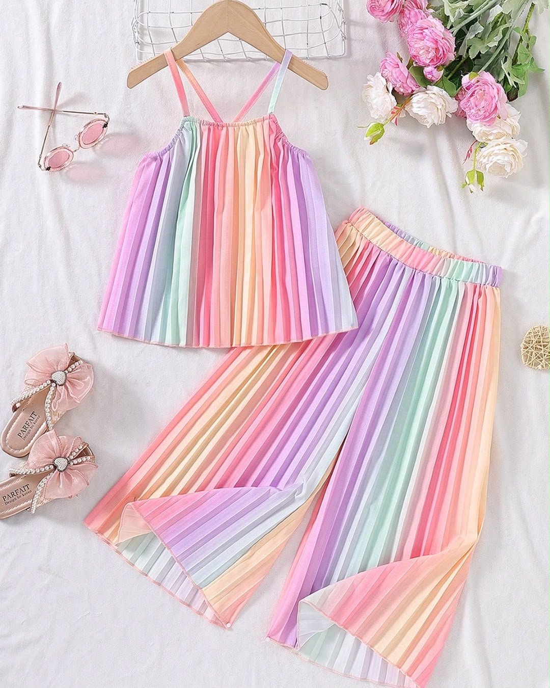 Young Girls Rainbow Ombre Pleated Spaghetti Strap Crop Top & Wide Leg Pants Set | 4Y - 7Y