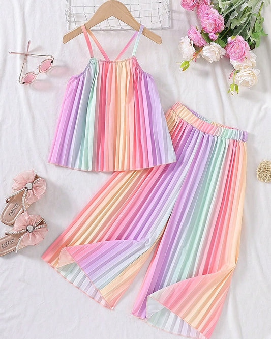 Young Girls Rainbow Ombre Pleated Spaghetti Strap Crop Top & Wide Leg Pants Set | 4Y - 7Y