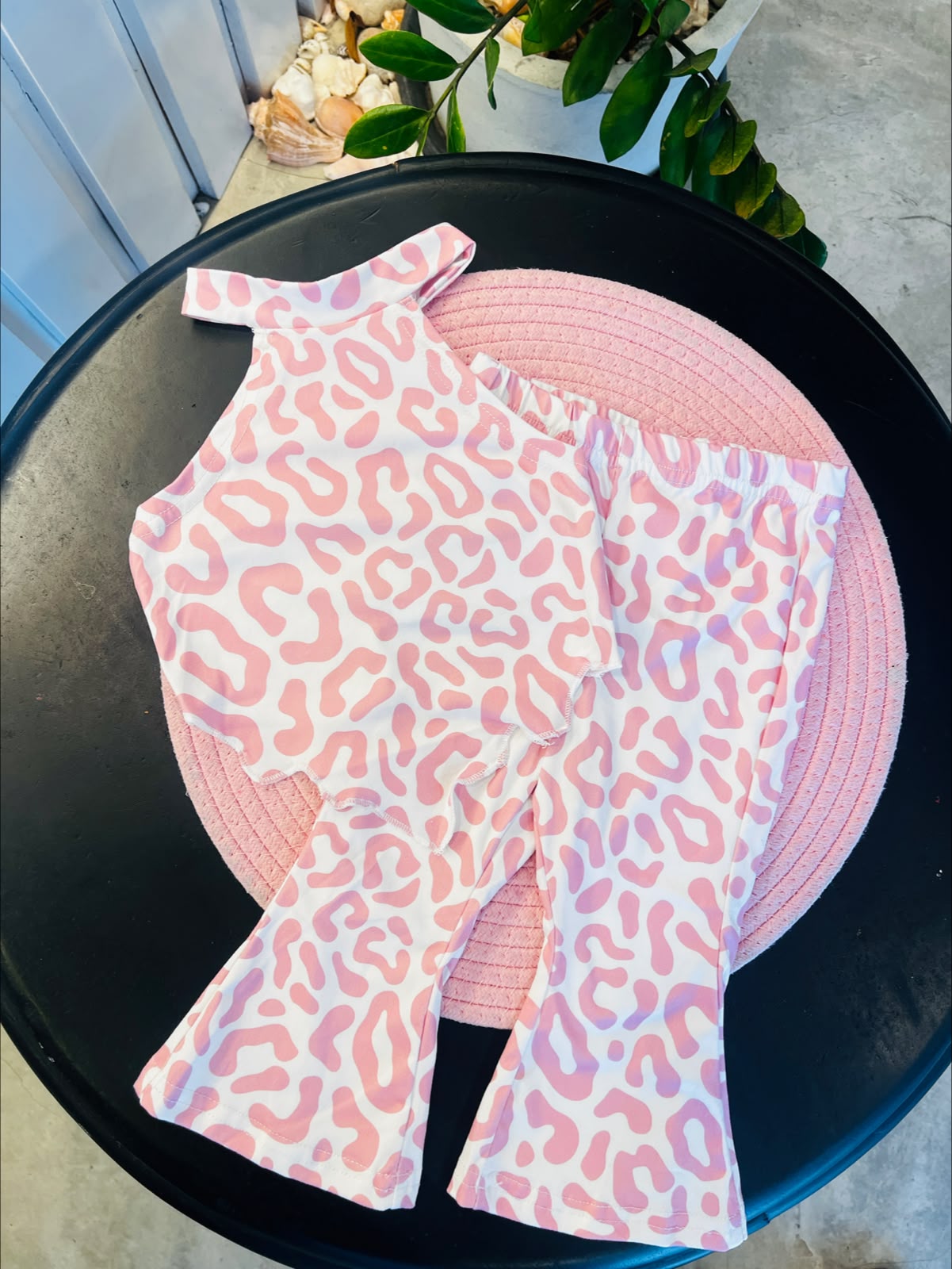 Baby Girls Pink & White Leopard Printed Knit Halter Top & Flared Pants Set | 6M - 3Y