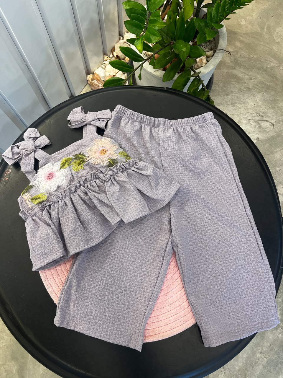 Baby Girls Solid Color Embroidered Casual Camisole Top & Long Pants Set | 6M - 24M