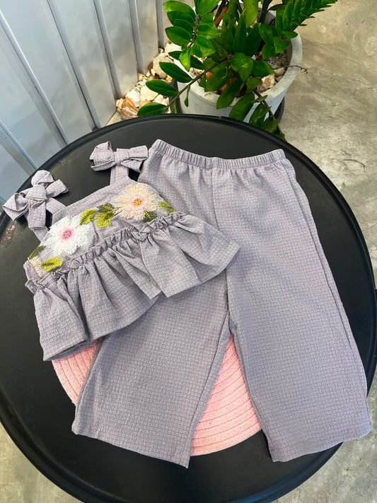 Baby Girls Solid Color Embroidered Casual Camisole Top & Long Pants Set | 6M - 24M