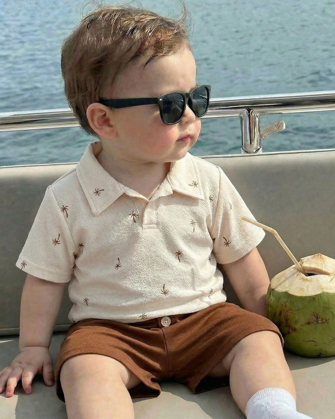 Baby Boys Palm Tree Print Polo Collar Short Sleeve Shirt & Shorts Set | 6M - 24M