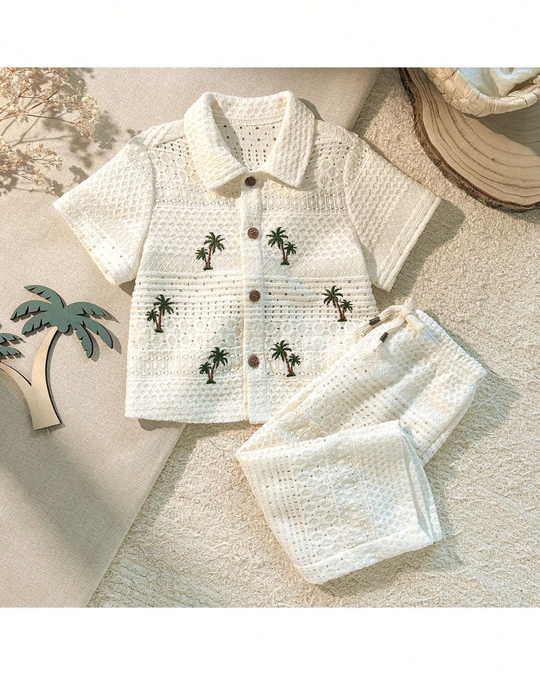 Baby Boys White Knit Textured Coconut Tree Polo Shirt & Long Pants Set | 6M - 3Y