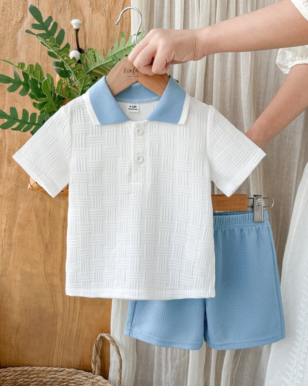 Baby Boys White Textured Short Sleeve Polo Shirt & Shorts Set | 6M - 3Y