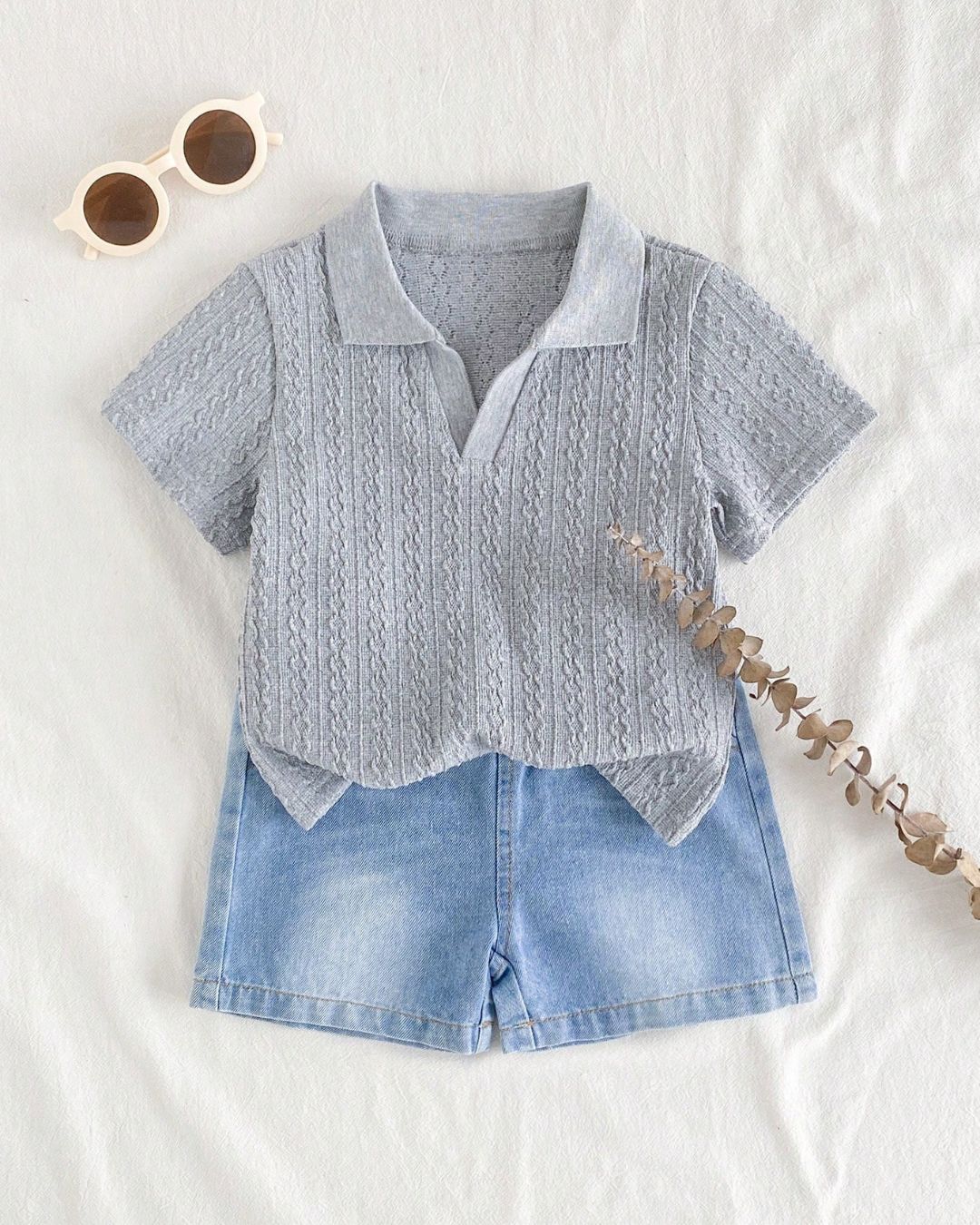 Baby Boys Short Sleeve Collar Shirt & Washed Denim Shorts Set | 3M - 18M