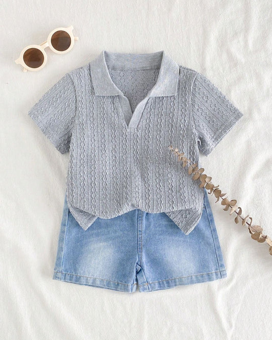 Baby Boys Short Sleeve Collar Shirt & Washed Denim Shorts Set | 3M - 18M