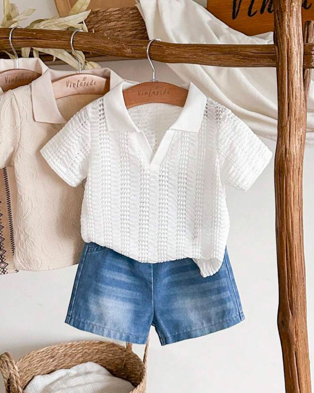 Baby Boys White Knit Polo Short Sleeve Shirt & Washed Denim Shorts Set | 6M - 3Y