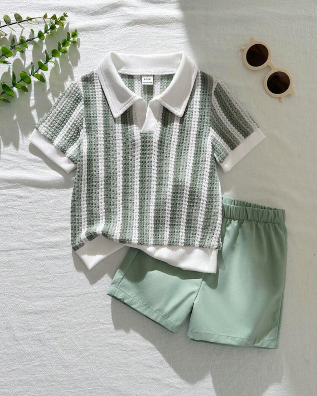 Baby Boys Green & White Striped Waffle Knit Polo Shirt & Shorts Set | 3M - 3Y