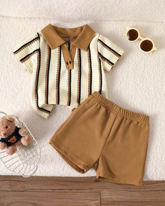 Baby Boys Textured Knit Striped Polo Shirt & Shorts Set | 6M - 3Y