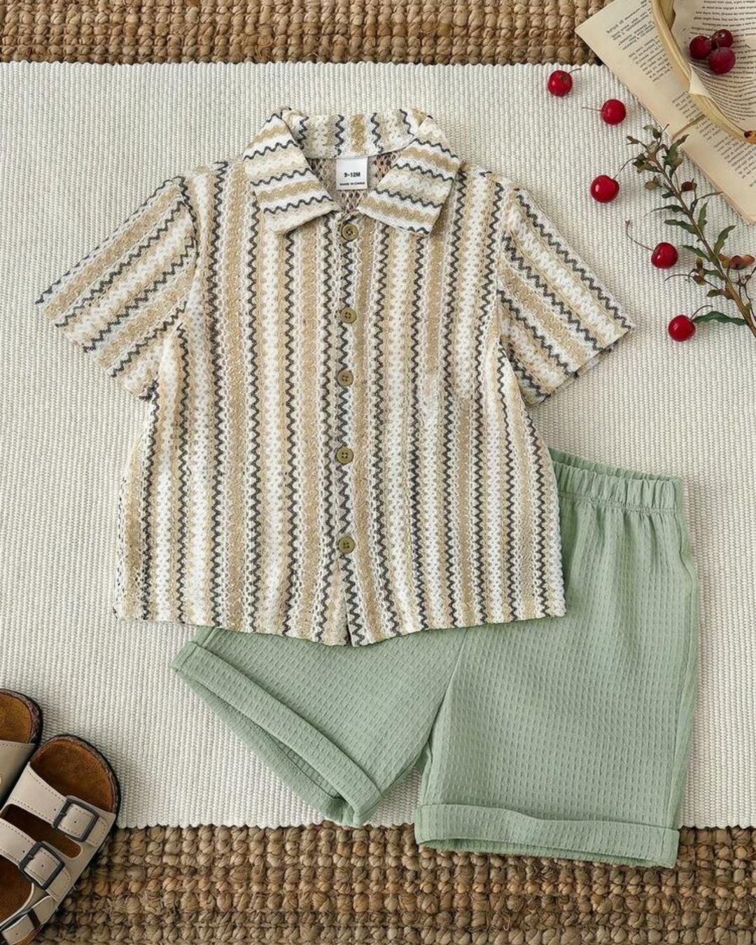 Baby Boys Green & White Striped Boho Knit Shirt & Shorts Set | 6M - 3Y