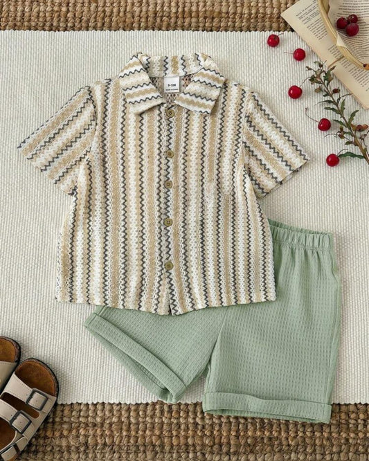 Baby Boys Green & White Striped Boho Knit Shirt & Shorts Set | 6M - 3Y