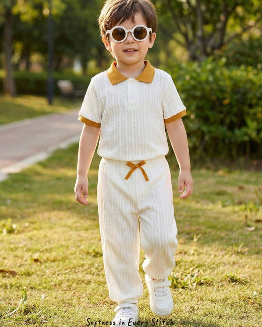 Baby Boys White & Yellow Ribbed Polo Shirt & Long Pants Set | 6M - 24M