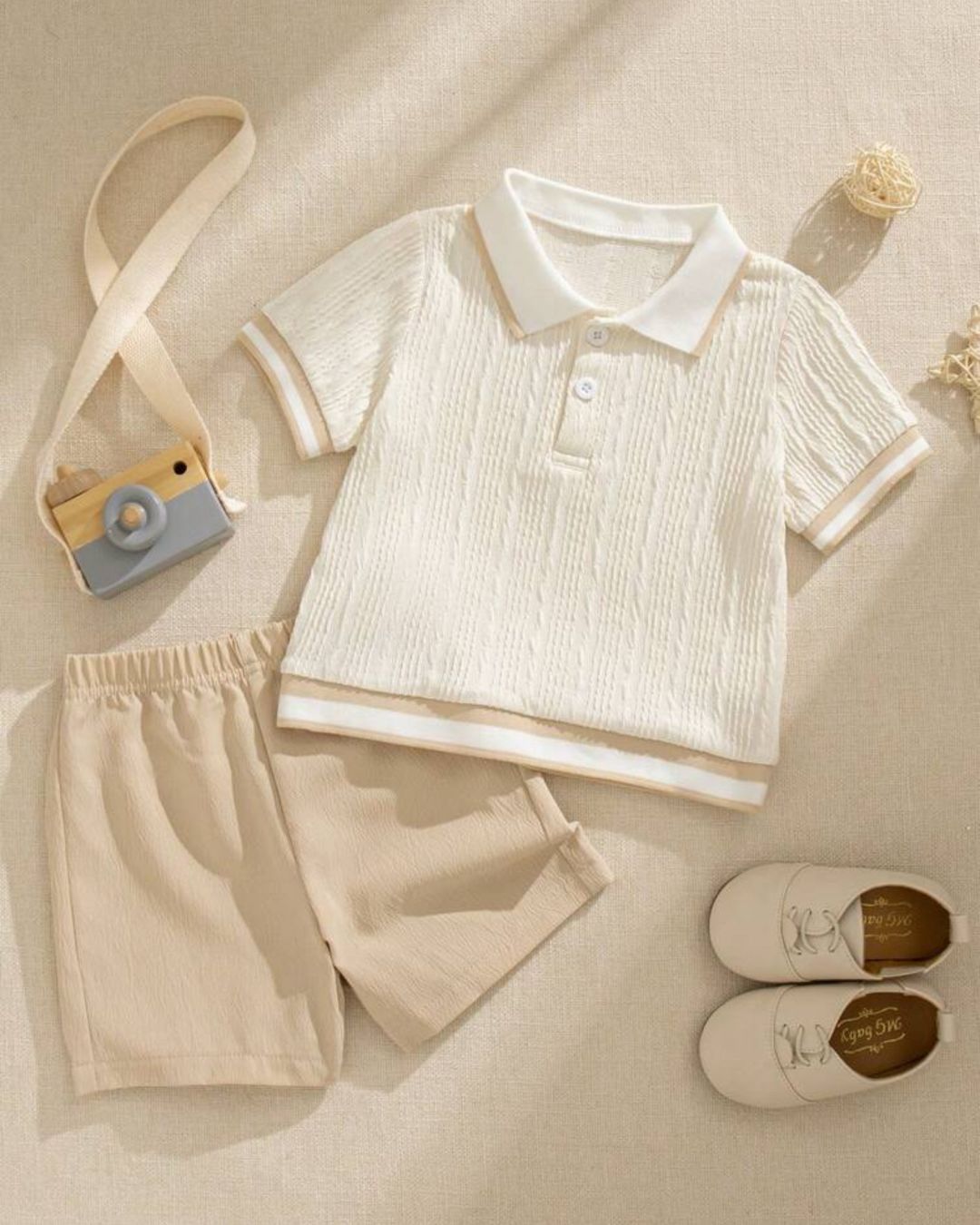 Baby Boys Textured White Short Sleeve Shirt & Shorts Set | 9M - 3Y
