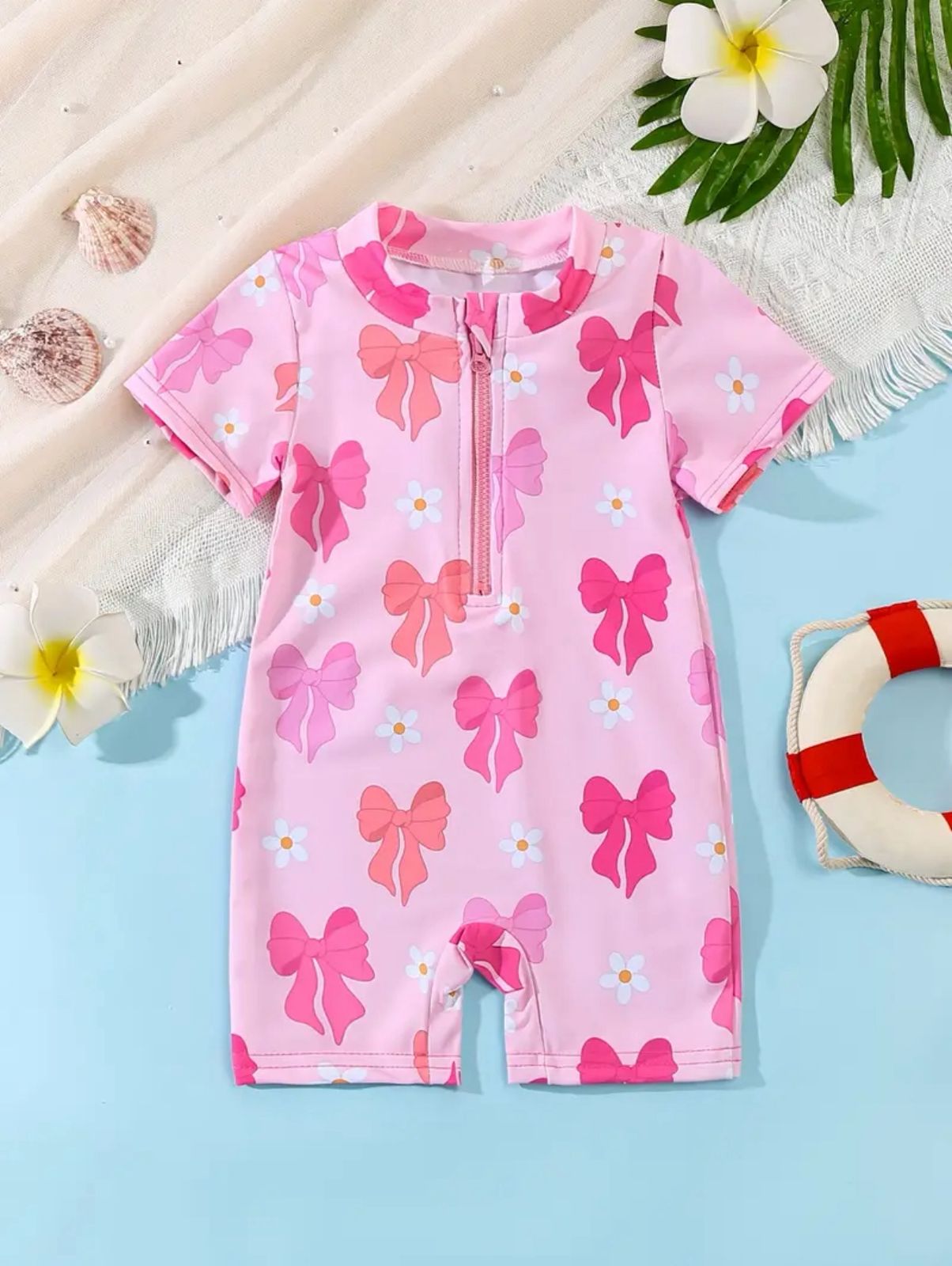 Baby/Young Girls Bow Print Short Sleeve One-piece Swimsuit | 9M - 6Y