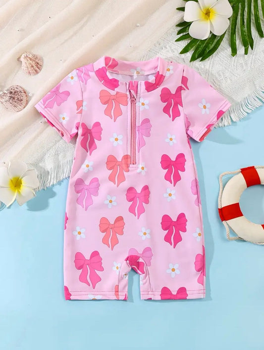 Baby/Young Girls Bow Print Short Sleeve One-piece Swimsuit | 9M - 6Y