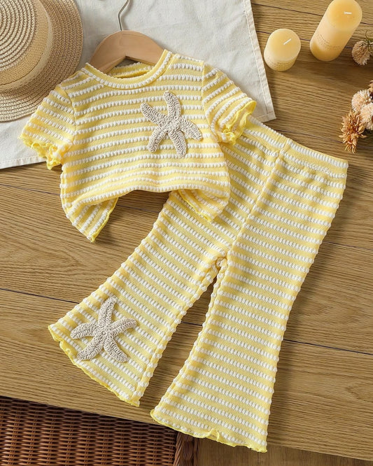 Baby Girls Casual Knit Striped Floral Short Sleeve Top & Flared Long Pants | 6M - 3Y