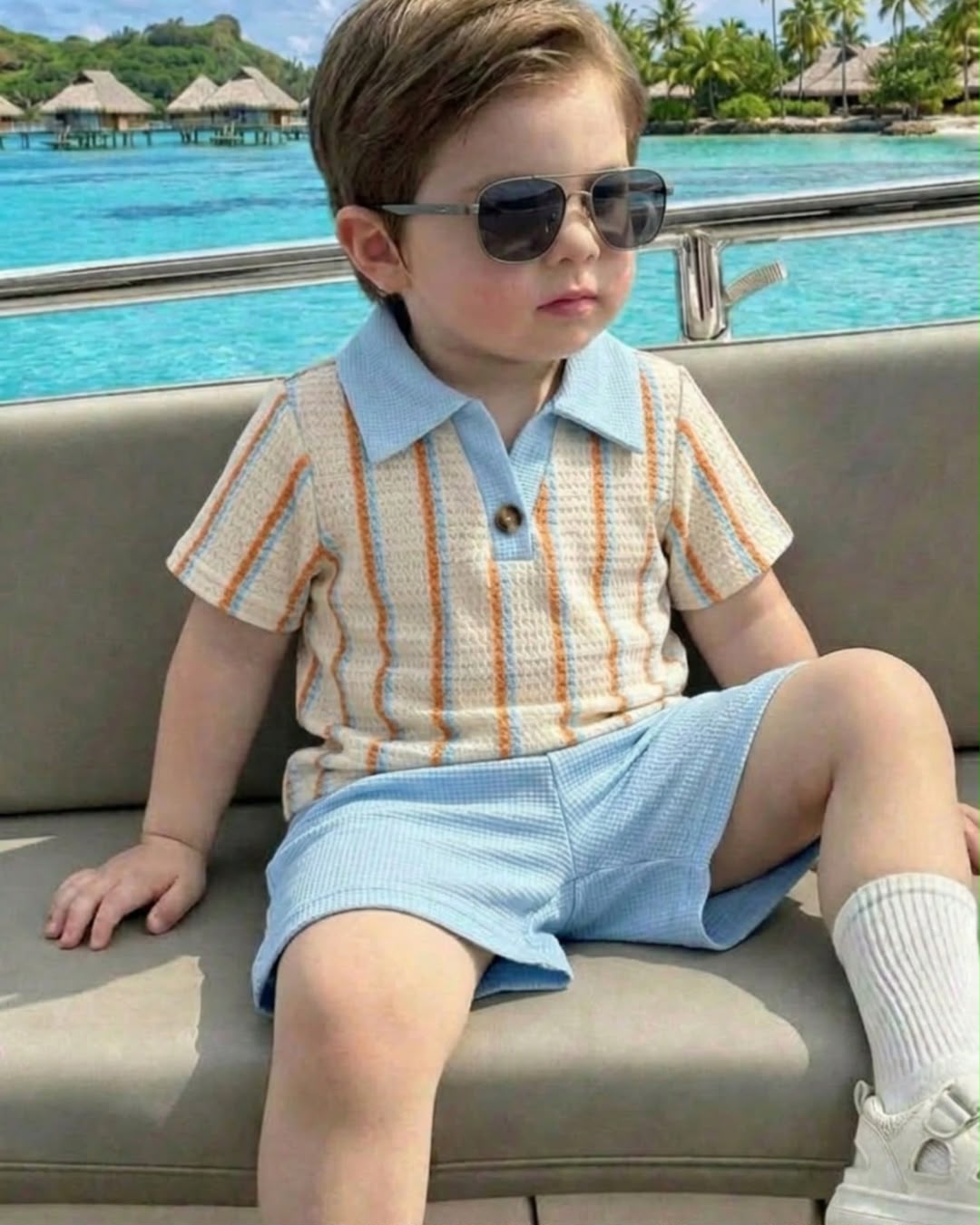 Baby Boys Khaki Textured Fabric V-Neck Short Sleeve Top & Shorts Set | 6M - 3Y