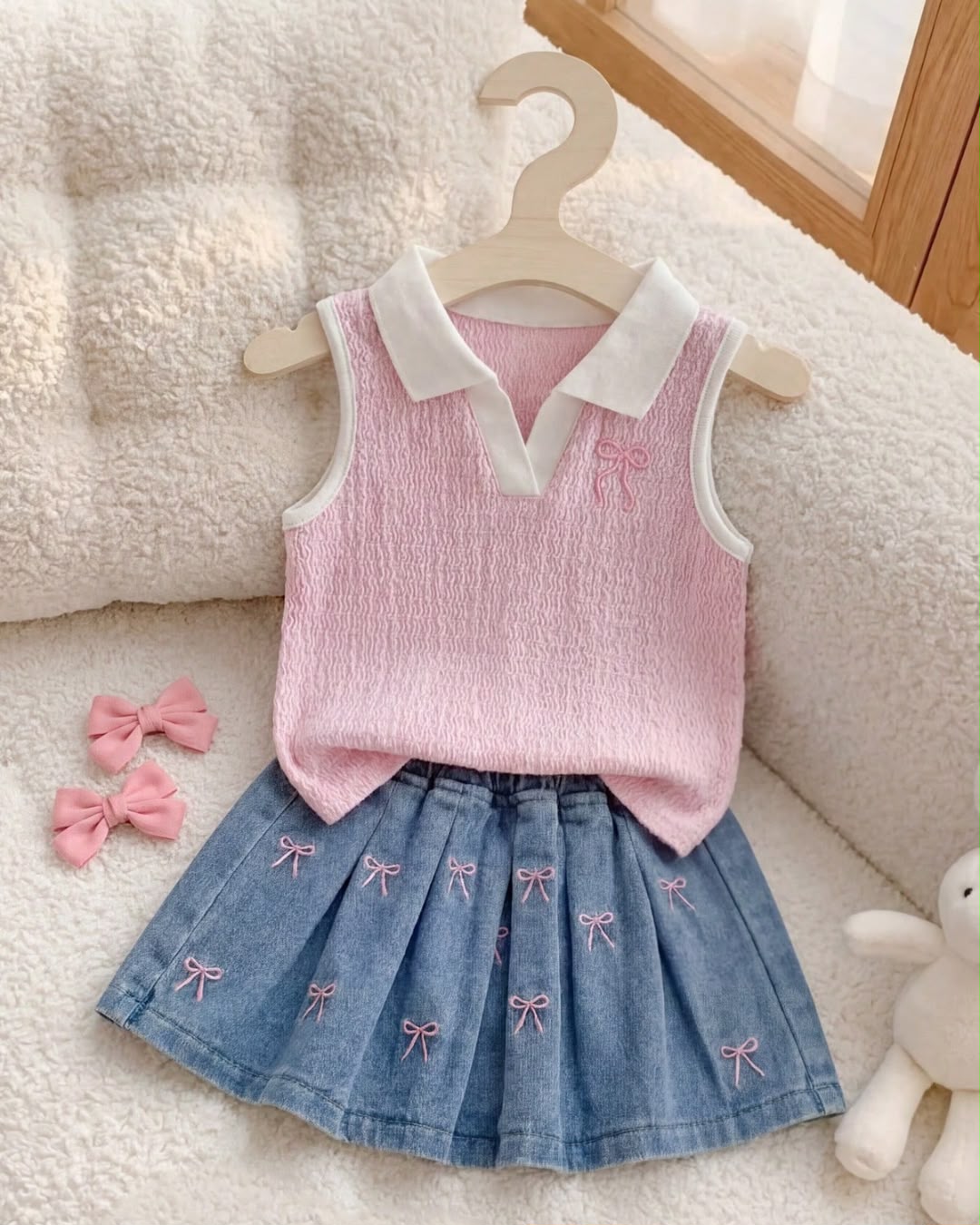 Baby Girls Wavy Knit Jacquard Soft Fabric Bow Embroidered Top & Denim Pleated Skirt Set | 6M - 3Y