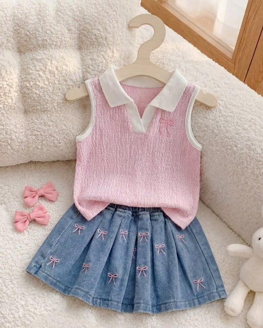 Baby Girls Wavy Knit Jacquard Soft Fabric Bow Embroidered Top & Denim Pleated Skirt Set | 6M - 3Y