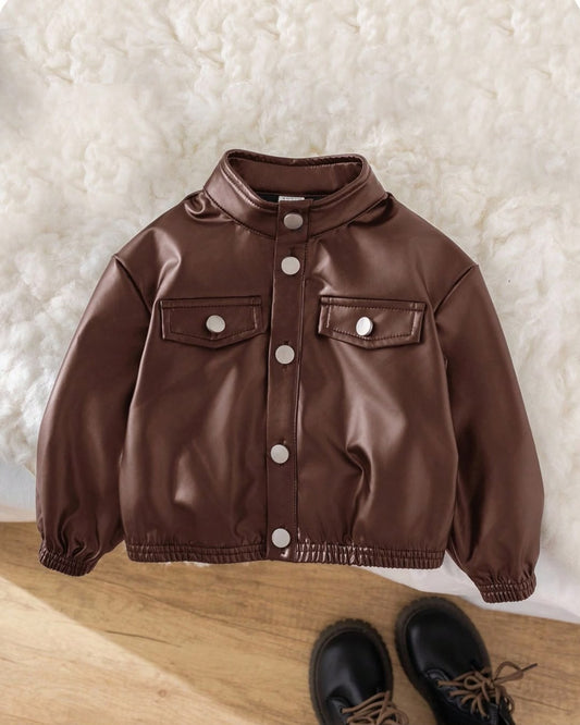 Baby Girls/Boys Leather Collar Brown Jacket | 6M - 3Y