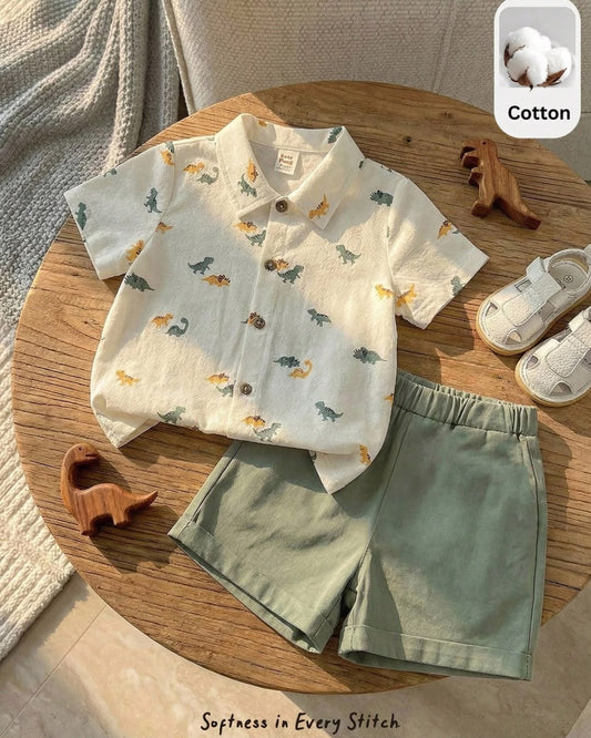 Newborn Cartoon Dinosaur Printed Shirt & Shorts Set | 0M - 6M