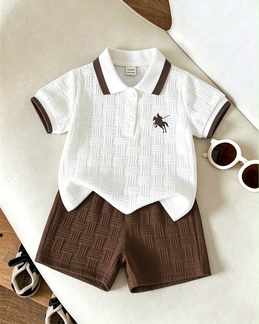 Baby Boys Horse Printed Jacquard Polo Collar Short Sleeve Top & Brown Shorts Set | 3M - 3Y