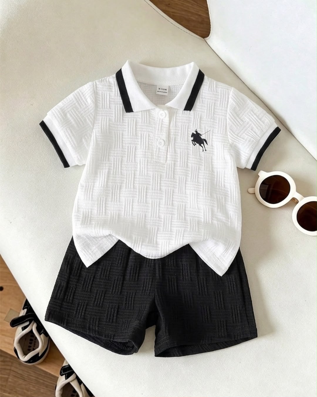 Baby Boys Horse Printed Jacquard Polo Collar Short Sleeve Top & Black Shorts Set | 3M - 3Y