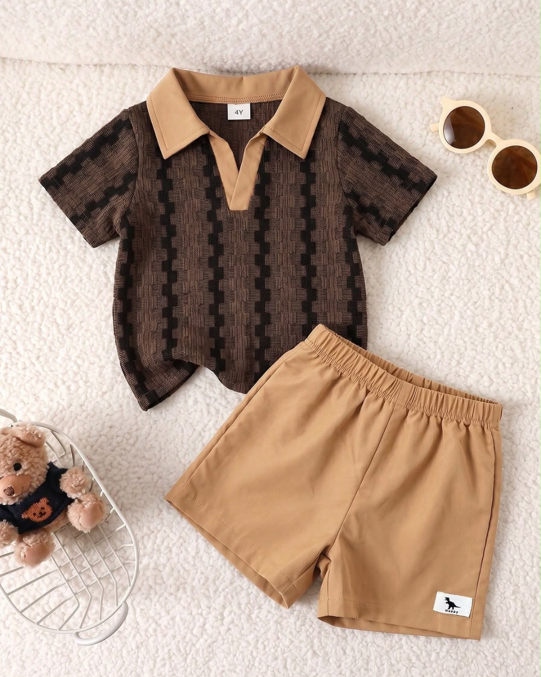 Young Boys Casual Textured Colorblock Polo Shirt & Khaki Shorts Set | 4Y - 7Y