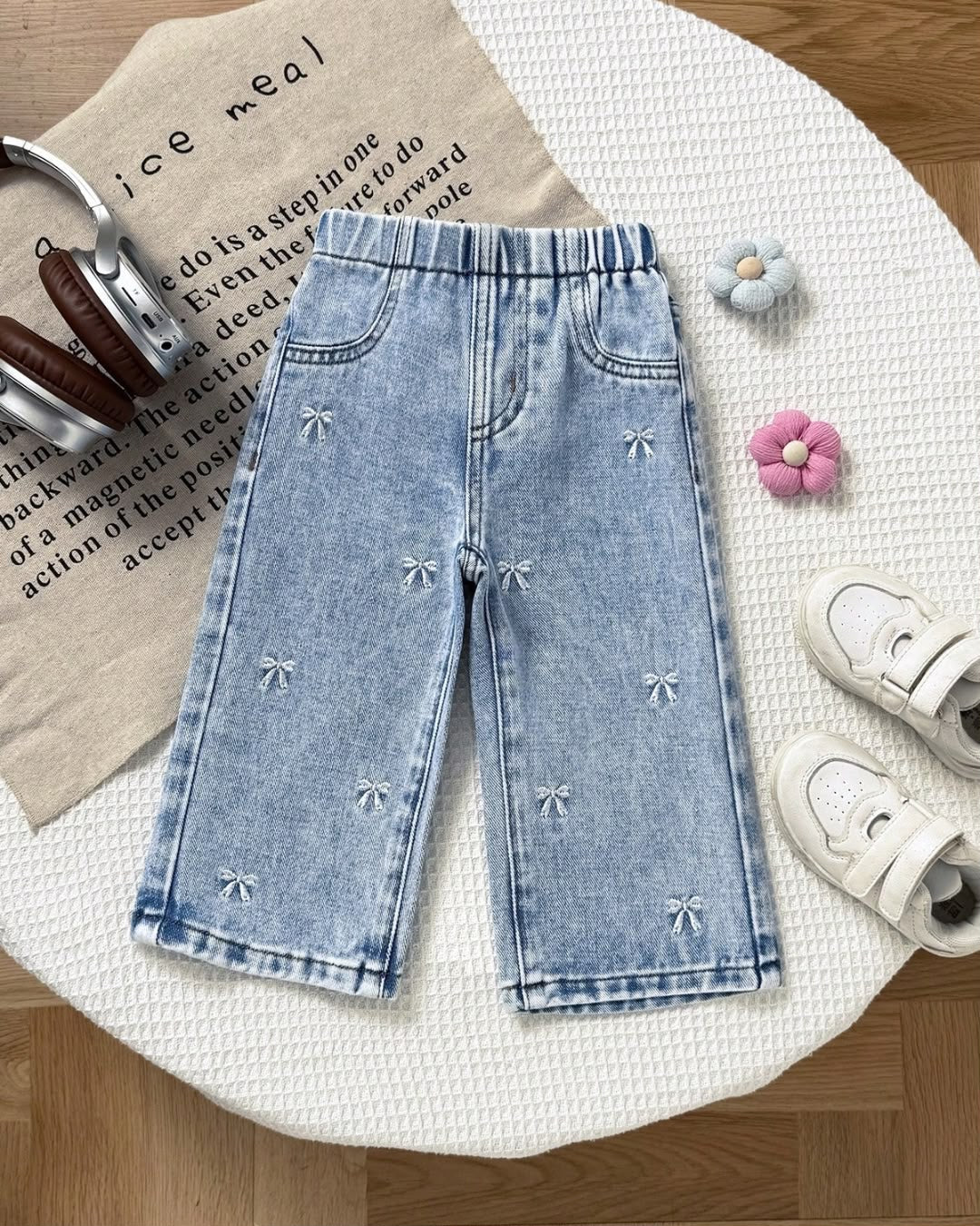 Baby Girls White Bows Embroidered Straight Leg Denim | 6M - 24M