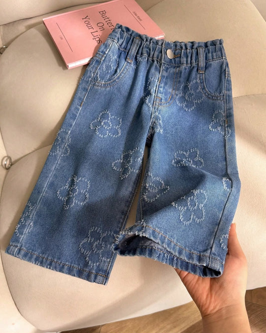 Baby Girls Floral Embroidered Loose Wide Leg Denim | 6M -3Y