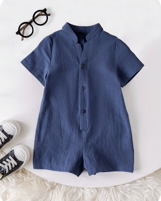Newborn Blue Short Sleeve Front Button Romper | 0M - 1M
