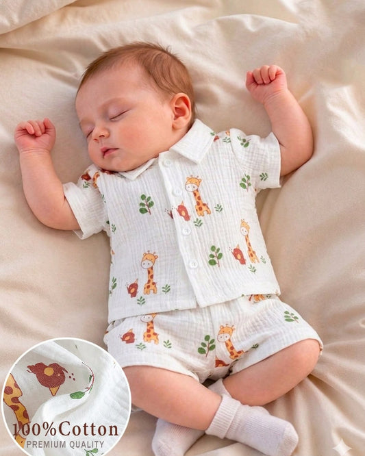 Newborn Giraffe Printed Short Sleeve Shirt & Shorts Set | 0M - 6M