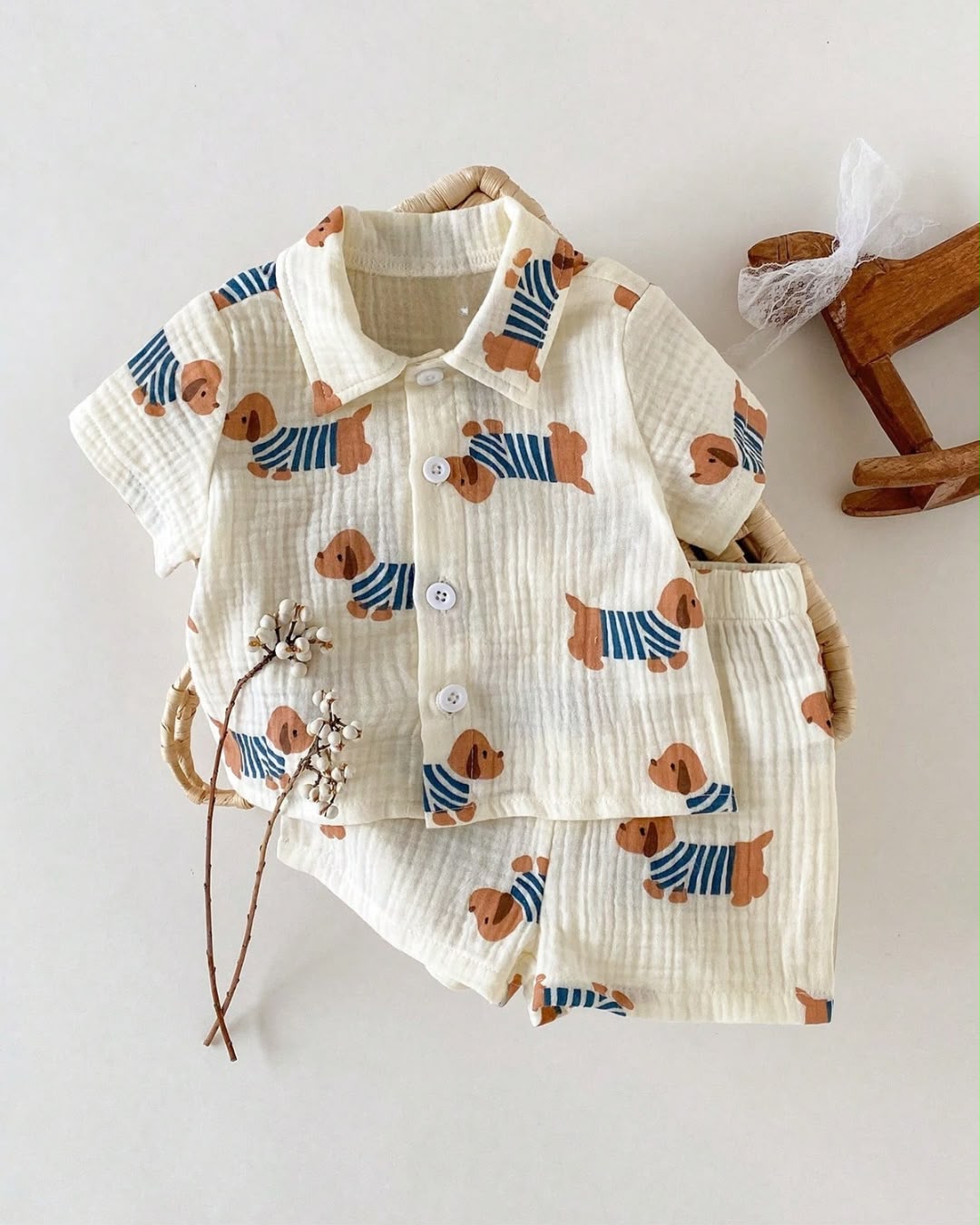 Newborn Apricot Dog Cartoon Printed Lapel Short Sleeve Shirt & Shorts Set | 0M - 6M